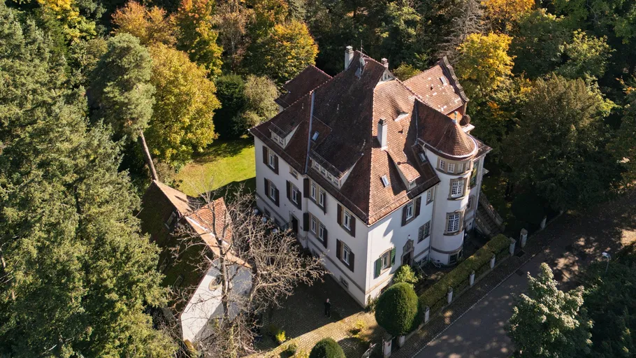 Großes Haus mit braunem Dach, umgeben von Bäumen.