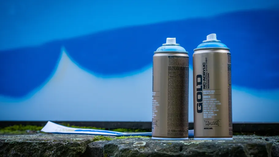 Two spray cans on a mossy ledge, blue background.