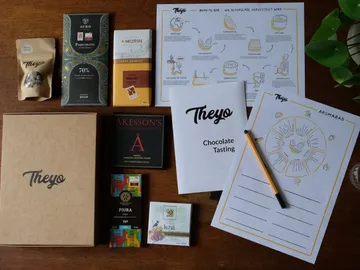 Various chocolates and notes arranged on a table.