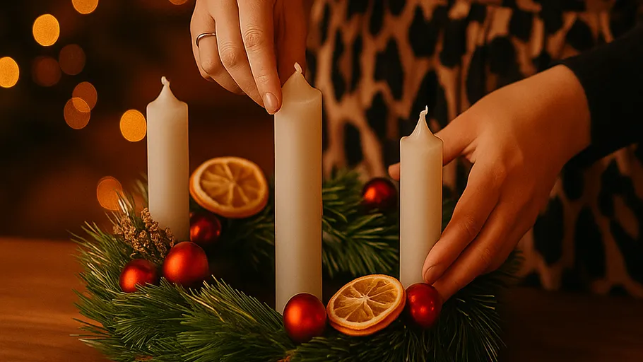 Hands arranging candles on Christmas wreath.