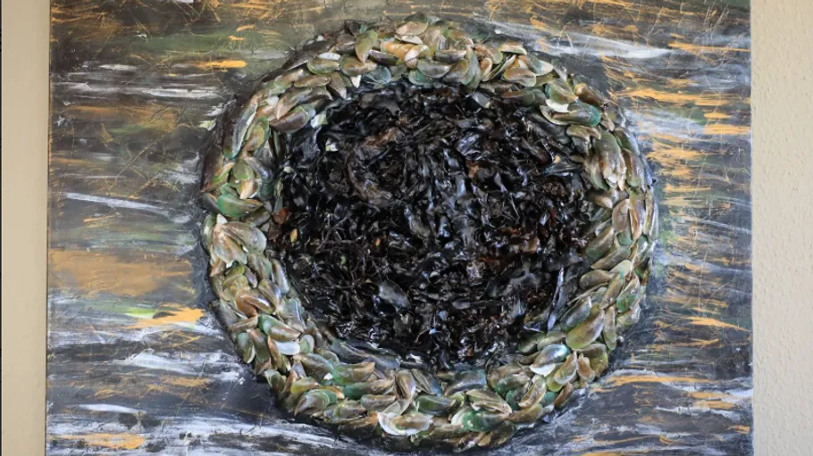 Kreisförmige Kunst mit Muscheln und dunklem Zentrum.