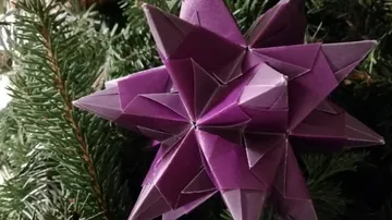 Purple origami star on green tree.