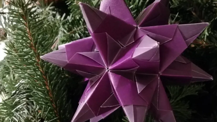 Purple origami star on green tree.