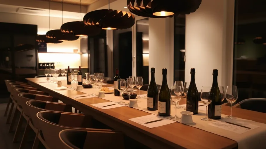 Long dining table set with wine bottles and glasses.