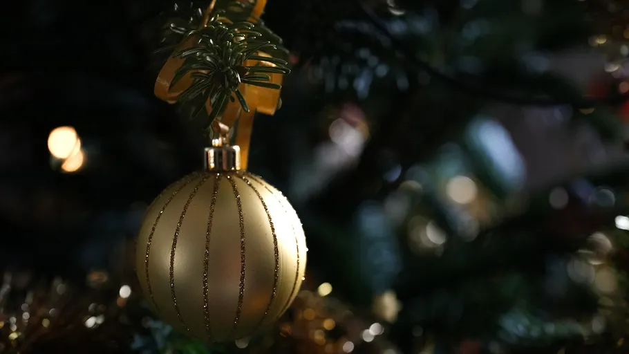 Gold ornament hanging on Christmas tree.