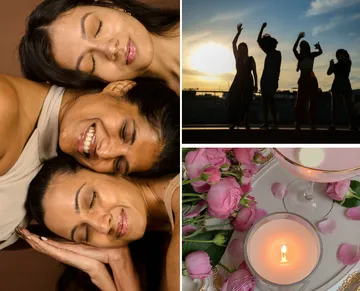 Frauen lächeln zusammen; Silhouetten im Sonnenuntergang; Kerzen und Blumen.