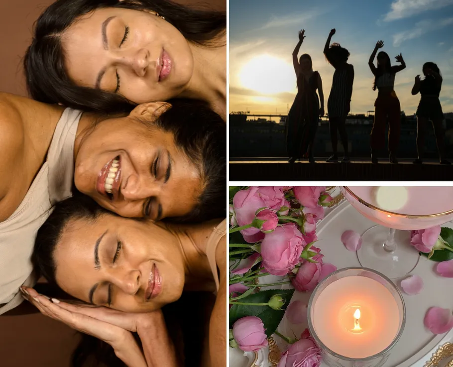 Women smiling together; sunset silhouettes; candles and flowers.
