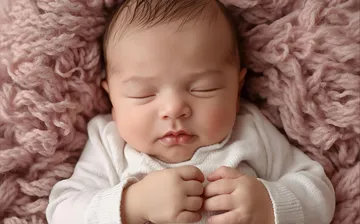 Sleeping baby swaddled in soft pink blanket.