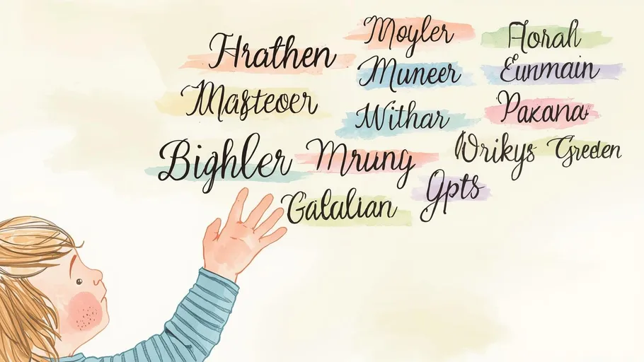 Child reaching for colorful handwritten names.