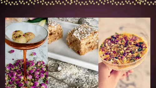 Three Indian desserts with floral decor.