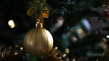 Gold ornament hanging on Christmas tree.
