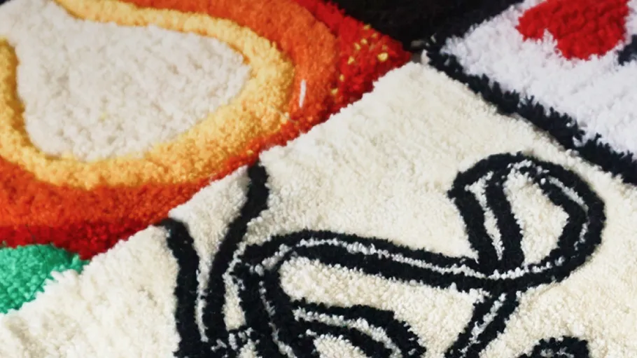 Colorful tufted textile with abstract patterns.