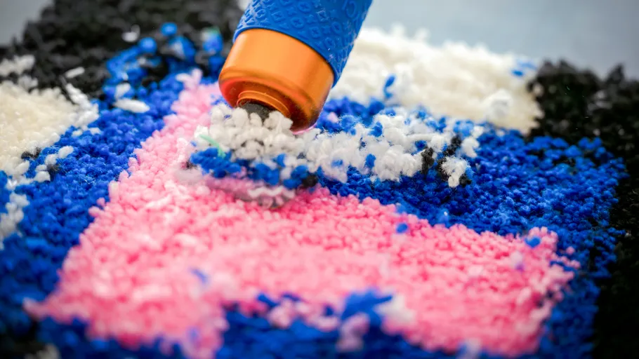 Werkzeug stanzt bunte Fasern in Stoff.