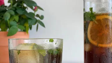Glas und Krug mit Eisgetränk, Pflanze in der Nähe.