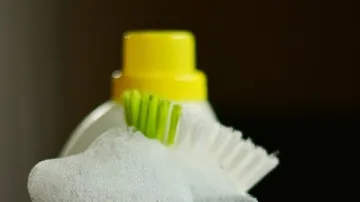Brush with foam near detergent bottle.
