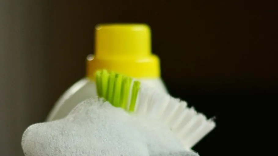 Bürste mit Schaum neben Waschmittelflasche.