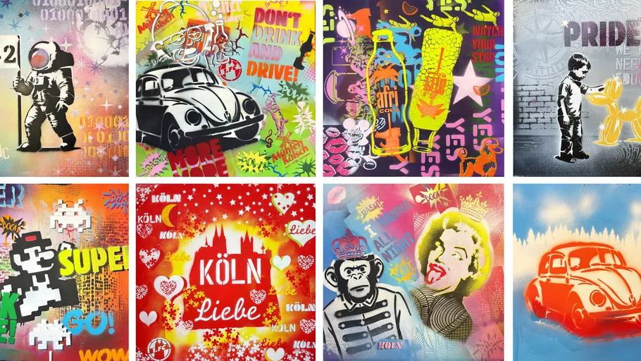 Colorful graffiti-style artwork with various themes.