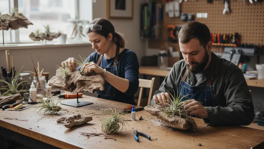 Two people crafting air plant displays indoors.