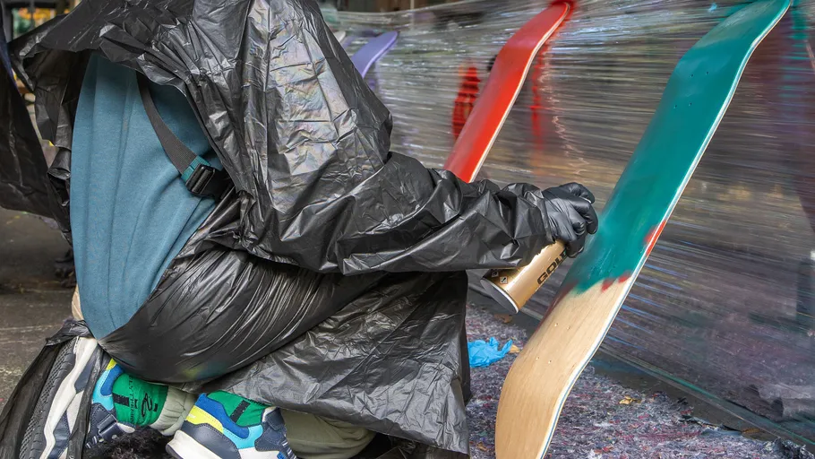 Person spray-paints skateboard outdoors creatively.
