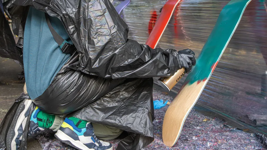 Person spray-paints skateboard with plastic covering nearby.
