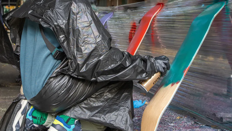 Person spray-paints skateboard decks outdoors.