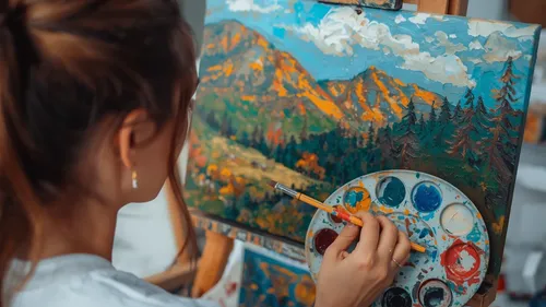 Artist painting landscape on easel indoors.