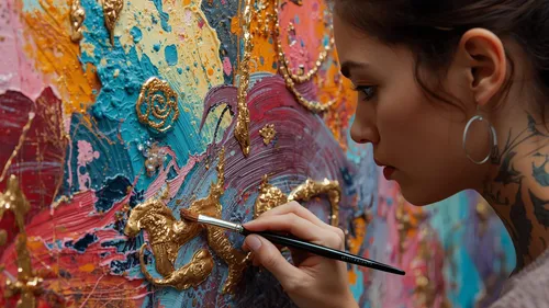 Frau malt buntes strukturiertes Kunstwerk nah.