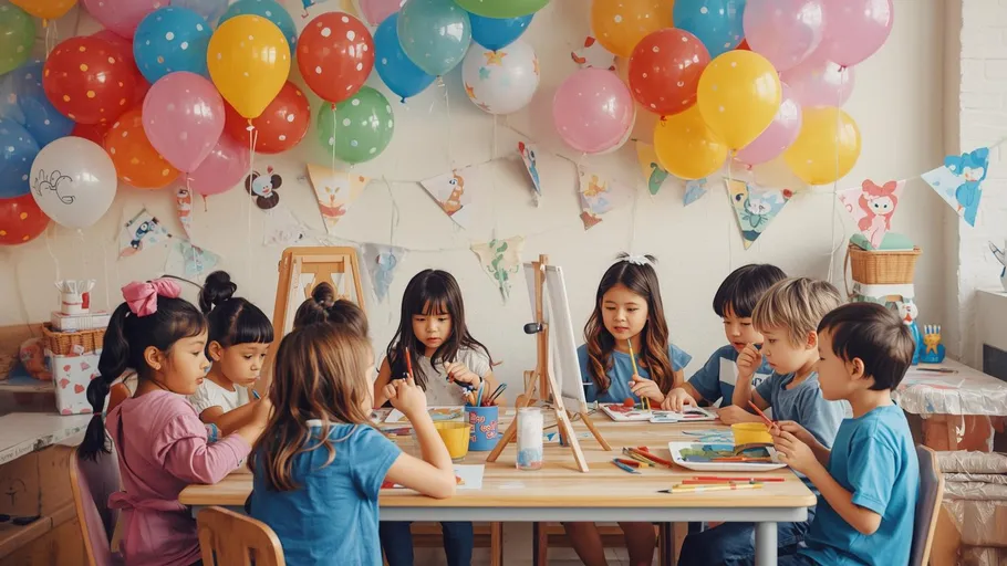Children painting around table with balloons.