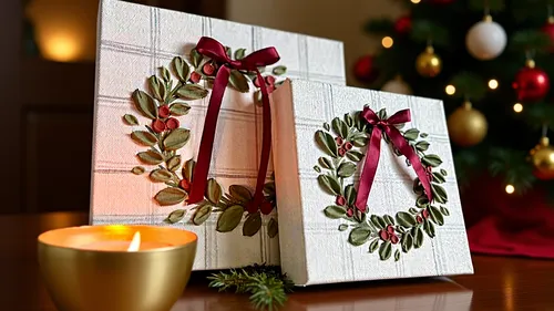 Wrapped gifts with wreaths beside candle and tree.