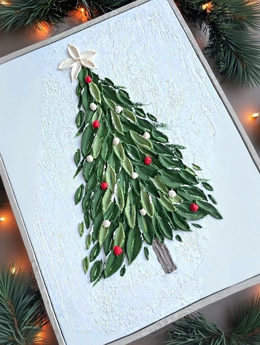 Dekoratives Weihnachtsbaumgemälde mit Lichtern.