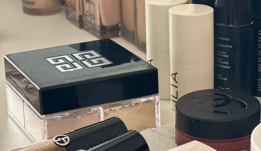 Cosmetic products arranged on a table.