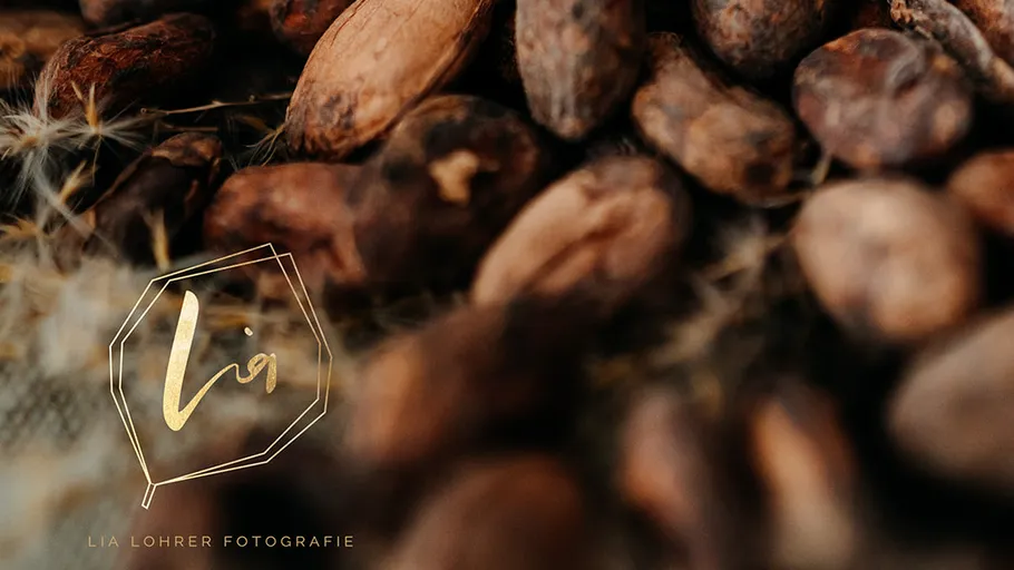 Close-up of cocoa beans, dark surface.