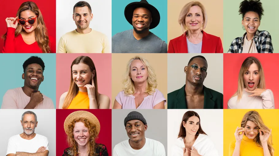 Diverse group of smiling people in colorful backgrounds.