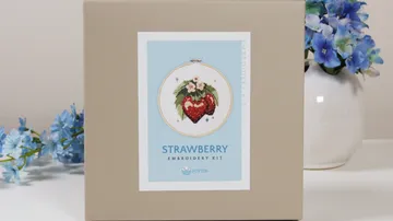 Stickerei-Kit-Box mit blauen Blumen im Hintergrund.