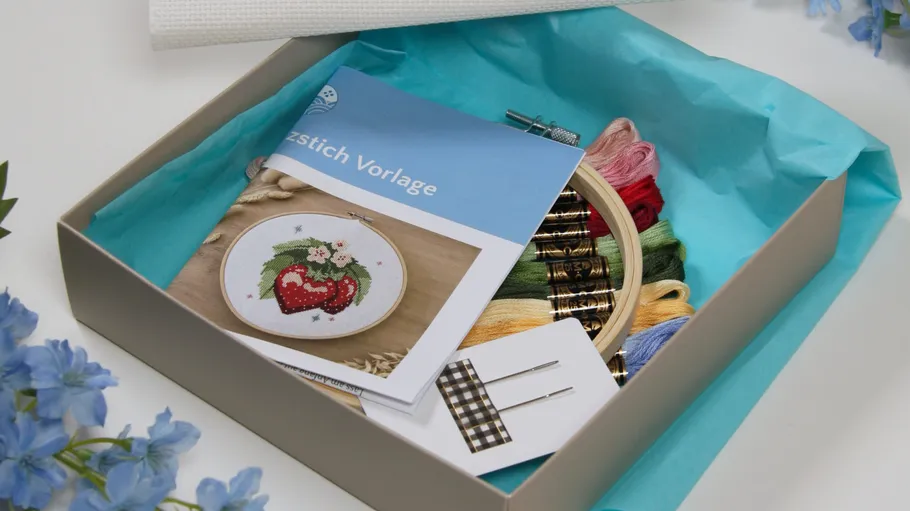 Embroidery kit with colorful threads displayed.