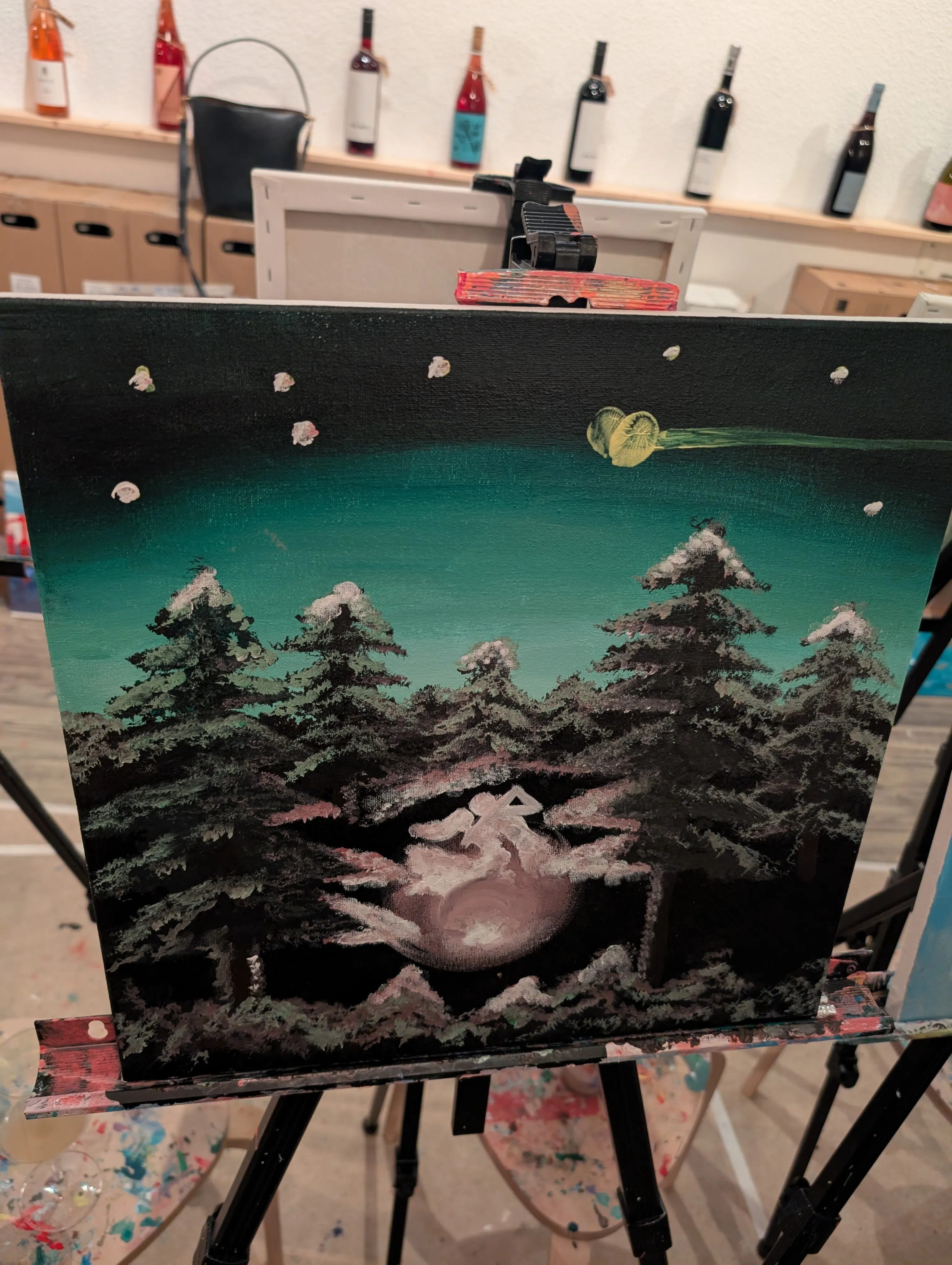 Painting of snowy forest under starry sky.