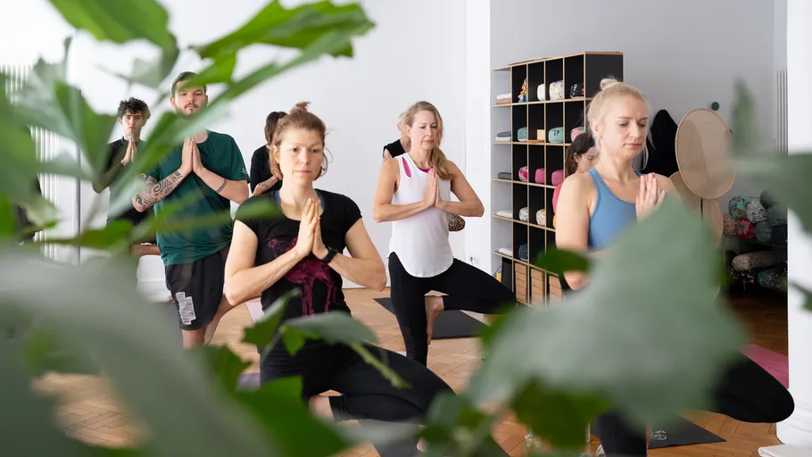 Group performing yoga in a studio with plants.