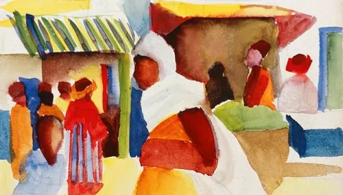 Colorful watercolor painting of a lively market.