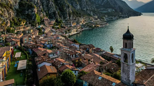 Colorful village nestled by the lake.