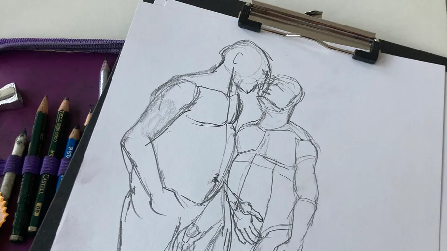 Sketch of two figures on drawing clipboard.