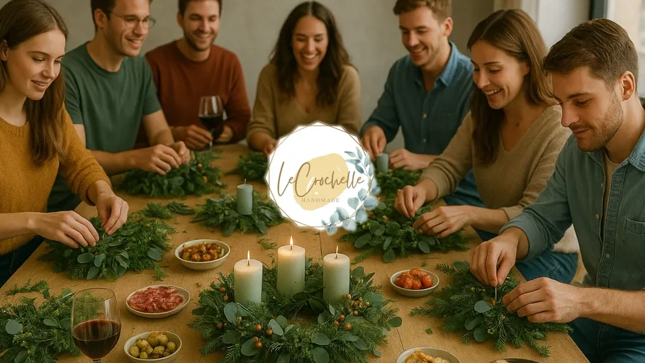 People crafting wreaths at a table gathering.