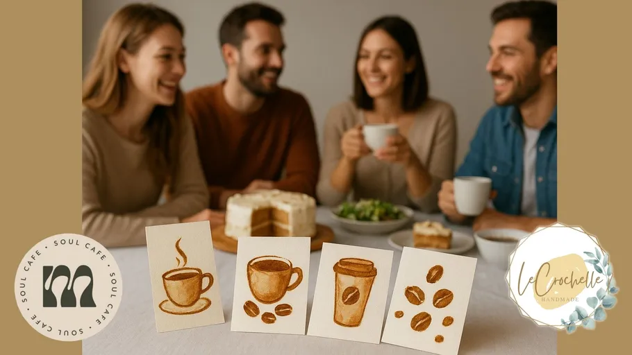 Gruppe lächelnd, trinkt Kaffee, Kunstkarten ausgestellt.