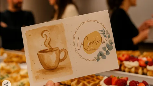 Hand hält Karte mit Kaffeeillustration.