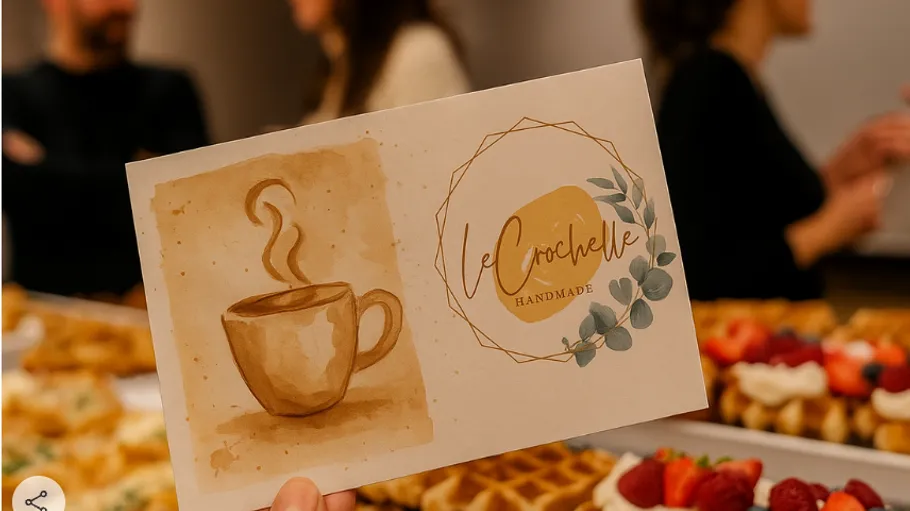Hand holding card with coffee illustration.