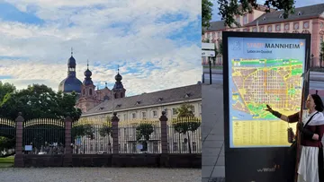 Historic buildings and map display in Mannheim.