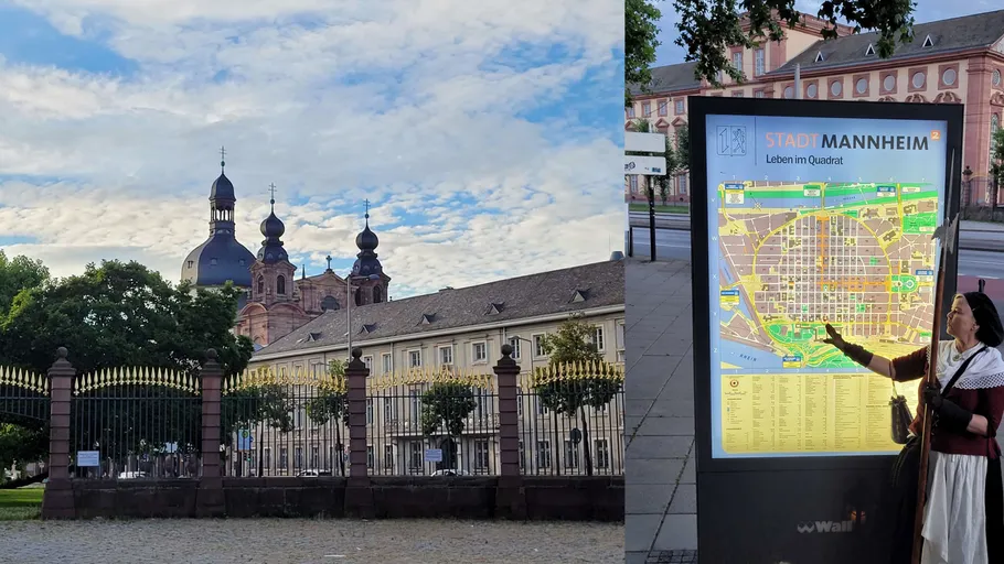 Historische Gebäude und Kartenanzeige in Mannheim.