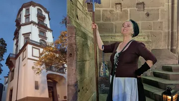 Tall building beside woman in historical attire.