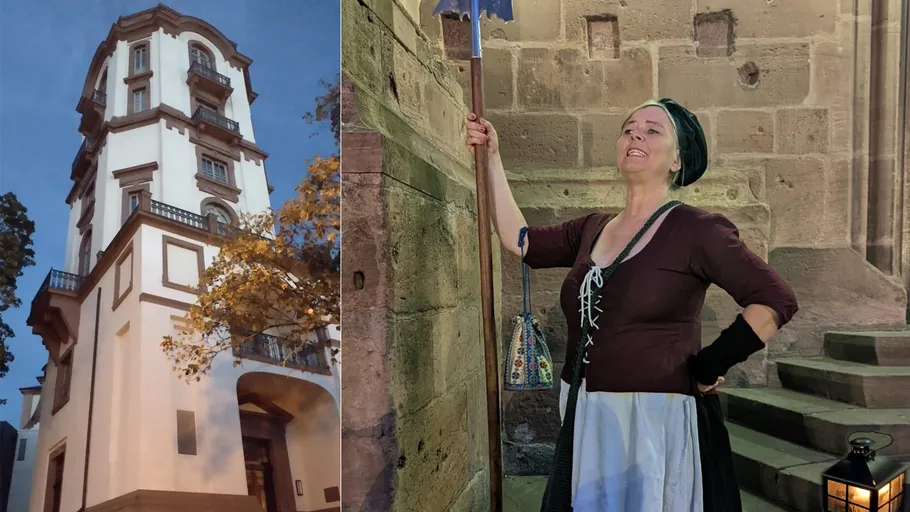 Hohes Gebäude neben Frau in historischer Kleidung.