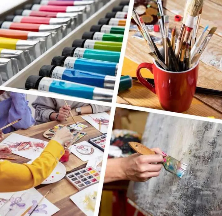 Painting supplies and activities collage.