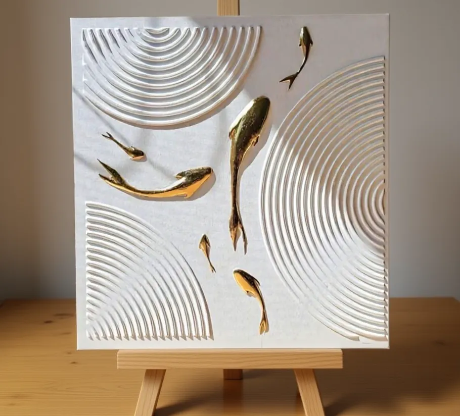Gold fish art on easel with textured circles.